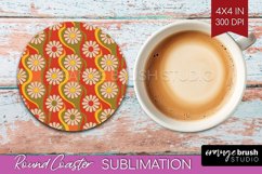 Retro Flowers Round Coaster - Groovy Coaster PNG Sublimation Product Image 1