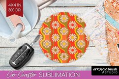 Retro Flowers Car Coaster - Groovy Coaster PNG Sublimation Product Image 1