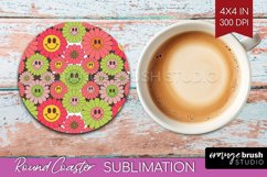 Retro Flowers Round Coaster - Groovy Coaster PNG Sublimation Product Image 1