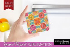 Retro Flowers Magnet Sublimation - Groovy Square Magnet PNG Product Image 1