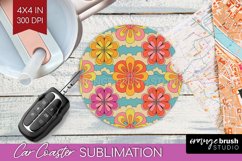 Retro Flowers Car Coaster - Groovy Coaster PNG Sublimation Product Image 1