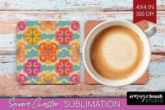 Retro Flowers Square Coaster - Groovy Coaster PNG Product Image 1