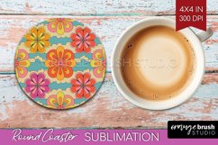 Retro Flowers Round Coaster - Groovy Coaster PNG Sublimation Product Image 1