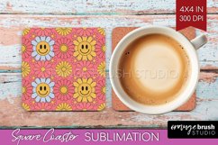 Retro Flowers Square Coaster - Groovy Coaster PNG Product Image 1