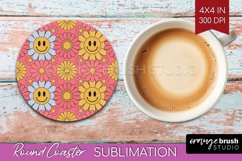 Retro Flowers Round Coaster - Groovy Coaster PNG Sublimation Product Image 1
