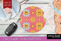 Retro Flowers Car Coaster - Groovy Coaster PNG Sublimation Product Image 1