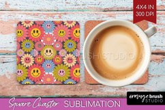 Retro Flowers Square Coaster - Groovy Coaster PNG Product Image 1