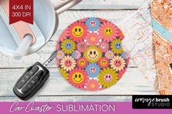 Retro Flowers Car Coaster - Groovy Coaster PNG Sublimation Product Image 1