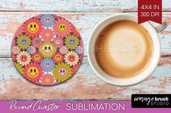 Retro Flowers Round Coaster - Groovy Coaster PNG Sublimation Product Image 1