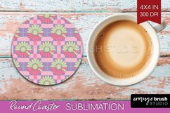 Retro Flowers Round Coaster - Groovy Coaster PNG Sublimation Product Image 1