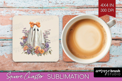 Cute Ghost Square Coaster - Spooky Halloween Coaster PNG Product Image 1