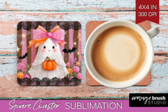 Cute Ghost Square Coaster - Spooky Halloween Coaster PNG Product Image 1
