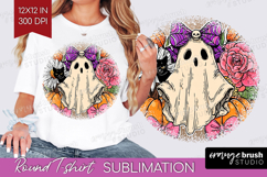 Cute Ghost Round Tshirt Background - Spooky Halloween PNG Product Image 1
