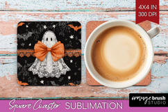 Cute Ghost Square Coaster - Spooky Halloween Coaster PNG Product Image 1