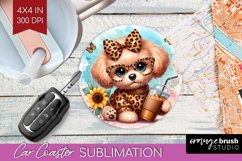 Cute Dog Car Coaster - Leopard Bow Coaster PNG Sublimation Product Image 1