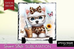 Cute Dog Slate PNG - Leopard Bow Square Slate Sublimation Product Image 1