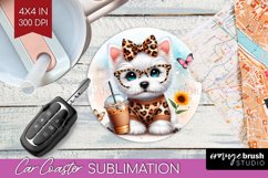 Cute Dog Car Coaster - Leopard Bow Coaster PNG Sublimation Product Image 1