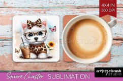 Cute Dog Square Coaster - Leopard Bow Coaster PNG Product Image 1