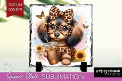 Cute Dog Slate PNG - Leopard Bow Square Slate Sublimation Product Image 1