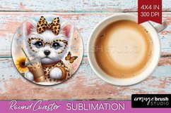 Cute Dog Round Coaster - Leopard Bow Coaster PNG Sublimation Product Image 1