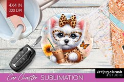 Cute Dog Car Coaster - Leopard Bow Coaster PNG Sublimation Product Image 1