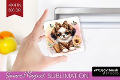 Cute Dog Magnet Sublimation - Leopard Bow Square Magnet PNG Product Image 1