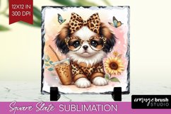 Cute Dog Slate PNG - Leopard Bow Square Slate Sublimation Product Image 1