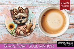 Cute Dog Round Coaster - Leopard Bow Coaster PNG Sublimation Product Image 1