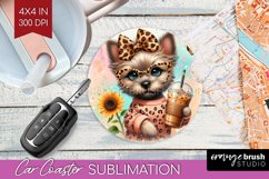 Cute Dog Car Coaster - Leopard Bow Coaster PNG Sublimation Product Image 1
