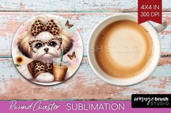 Cute Dog Round Coaster - Leopard Bow Coaster PNG Sublimation Product Image 1