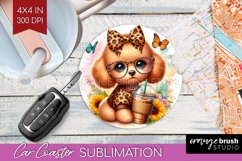 Cute Dog Car Coaster - Leopard Bow Coaster PNG Sublimation Product Image 1