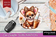 Cute Dog Car Coaster - Leopard Bow Coaster PNG Sublimation Product Image 1