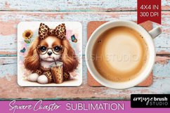 Cute Dog Square Coaster - Leopard Bow Coaster PNG Product Image 1
