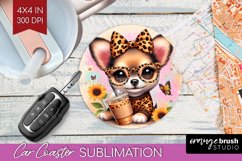 Cute Dog Car Coaster - Leopard Bow Coaster PNG Sublimation Product Image 1