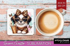 Cute Dog Square Coaster - Leopard Bow Coaster PNG Product Image 1