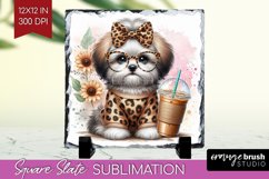 Cute Dog Slate PNG - Leopard Bow Square Slate Sublimation Product Image 1