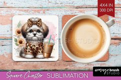 Cute Dog Square Coaster - Leopard Bow Coaster PNG Product Image 1