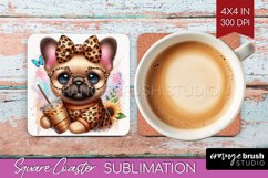 Cute Dog Square Coaster - Leopard Bow Coaster PNG Product Image 1