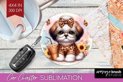 Cute Dog Car Coaster - Leopard Bow Coaster PNG Sublimation Product Image 1