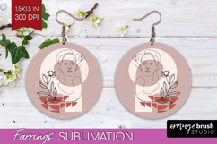 Line Art Woman Round Earrings - Minimalist PNG Sublimation Product Image 1