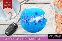 Manatee Floral Car Coaster Sea Blue Coaster PNG Sublimation Product Image 1