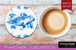 Manatee Floral Round Coaster Blue Flowers Coaster PNG Product Image 1