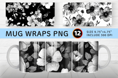 Black &amp; White Watercolor Flowers Mug Wrap Sublimation Design Product Image 1