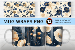 Navy and Beige Flowers Mug Wrap Sublimation Designs Product Image 1