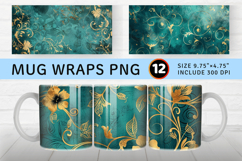 Teal and Gold Luxury Floral Mug Wrap Sublimation Designs Product Image 1