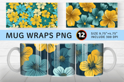 Yellow Teal Flowers Mug Wrap Sublimation Designs Product Image 1