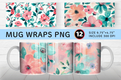 Pink &amp; Teal Watercolor Flowers Mug Wrap Sublimation Designs Product Image 1