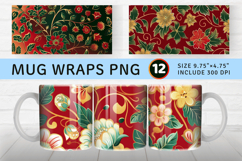 Red Green &amp; Gold Cute Floral Mug Wrap Sublimation Designs Product Image 1