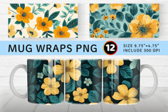 Yellow &amp; Teal Flowers Mug Wrap Sublimation Designs Product Image 1