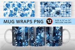 Blue Gingham Winter Flowers Mug Wrap Sublimation Designs Product Image 1